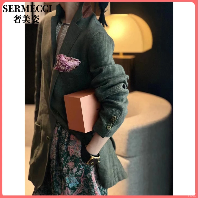 奢美姿港风时尚套装2025秋季设计感气质复古绿西装提花短裤两件套