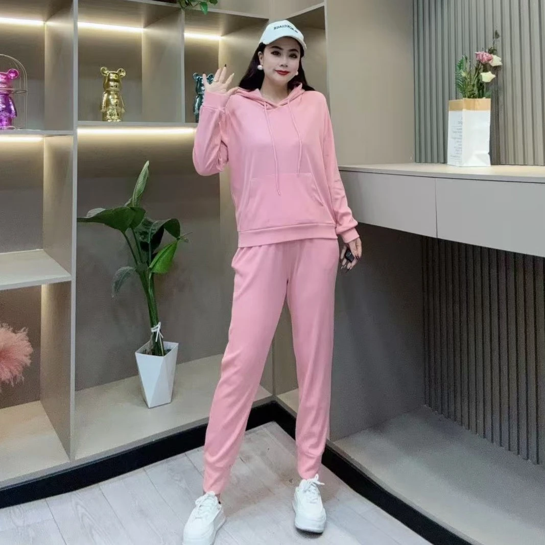春季两件套-鸿 3716时尚休闲时尚抽绳连帽百搭款胖MM大码女装新款