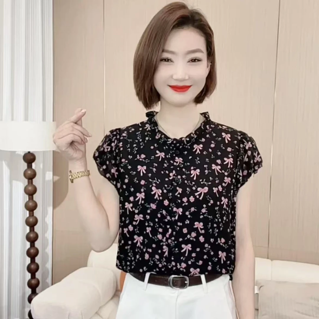 夏季新款时尚休闲洋气百搭简约花边领碎花泡泡袖百搭显瘦短袖小衫