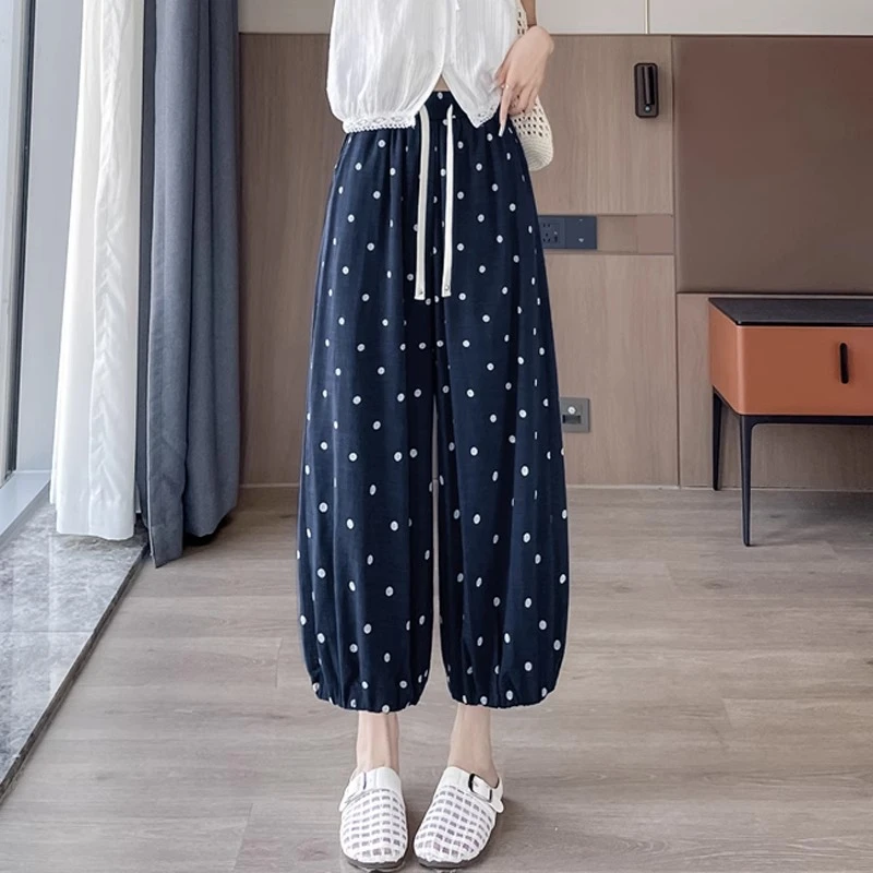 冰丝亚麻波点阔腿裤女夏季小个子高腰显瘦宽松垂感休闲九分灯笼裤