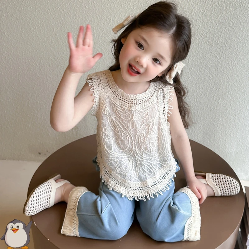 女童设计感复古套装夏季新款流苏短款背心上衣阔腿牛仔裤两件套潮