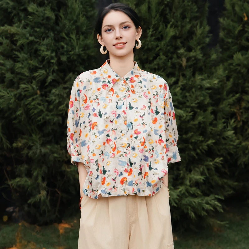谜底花色衬衫分袖女2025夏新款复古宽松下摆可收缩衬衣256MC6202