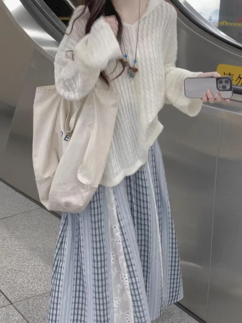 大码女装春款穿搭韩系慵懒风奶呼呼套头设计感拼接半身裙女