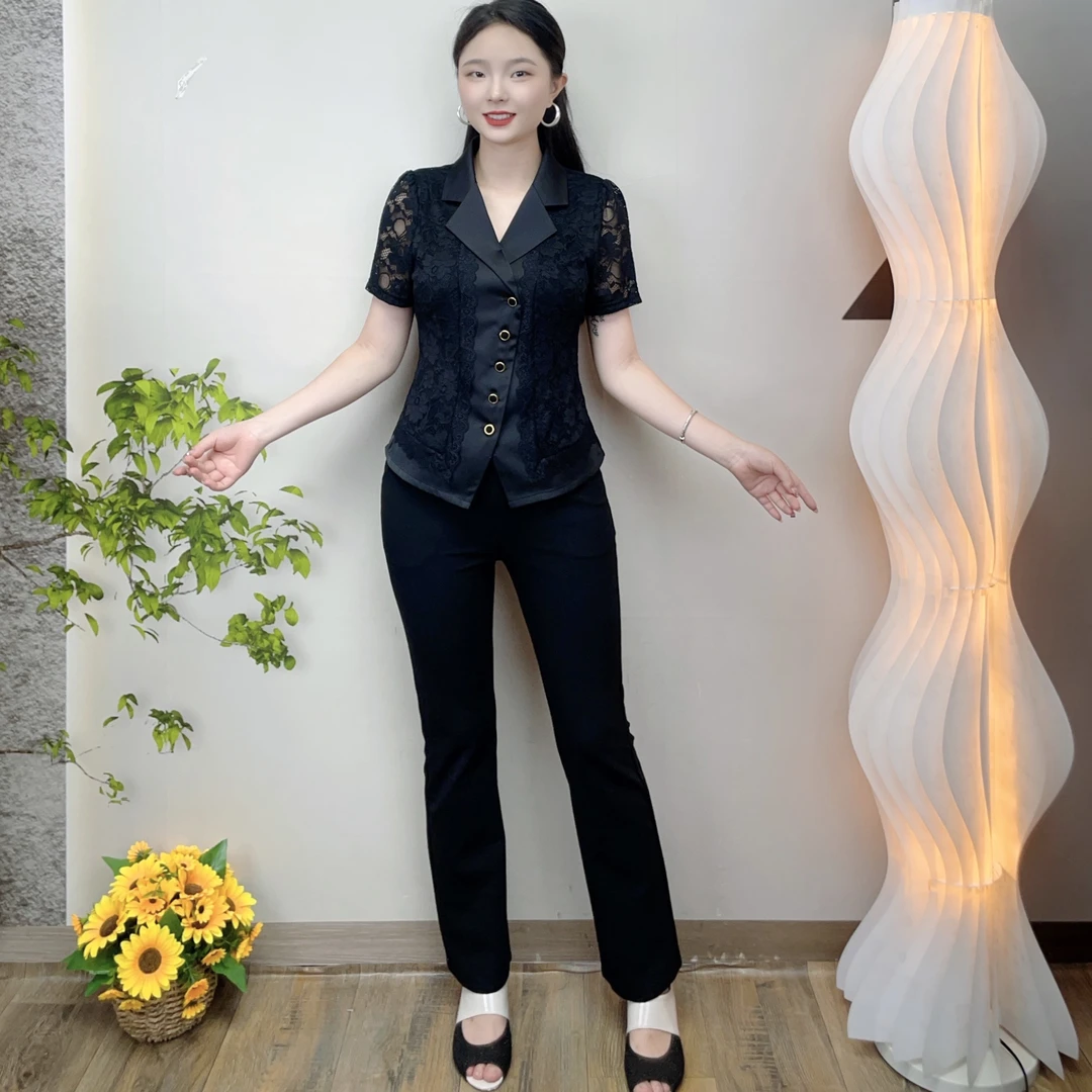 2025夏季蕾丝拼锻短袖气质百搭西装领显瘦开衫扣上衣中式套装