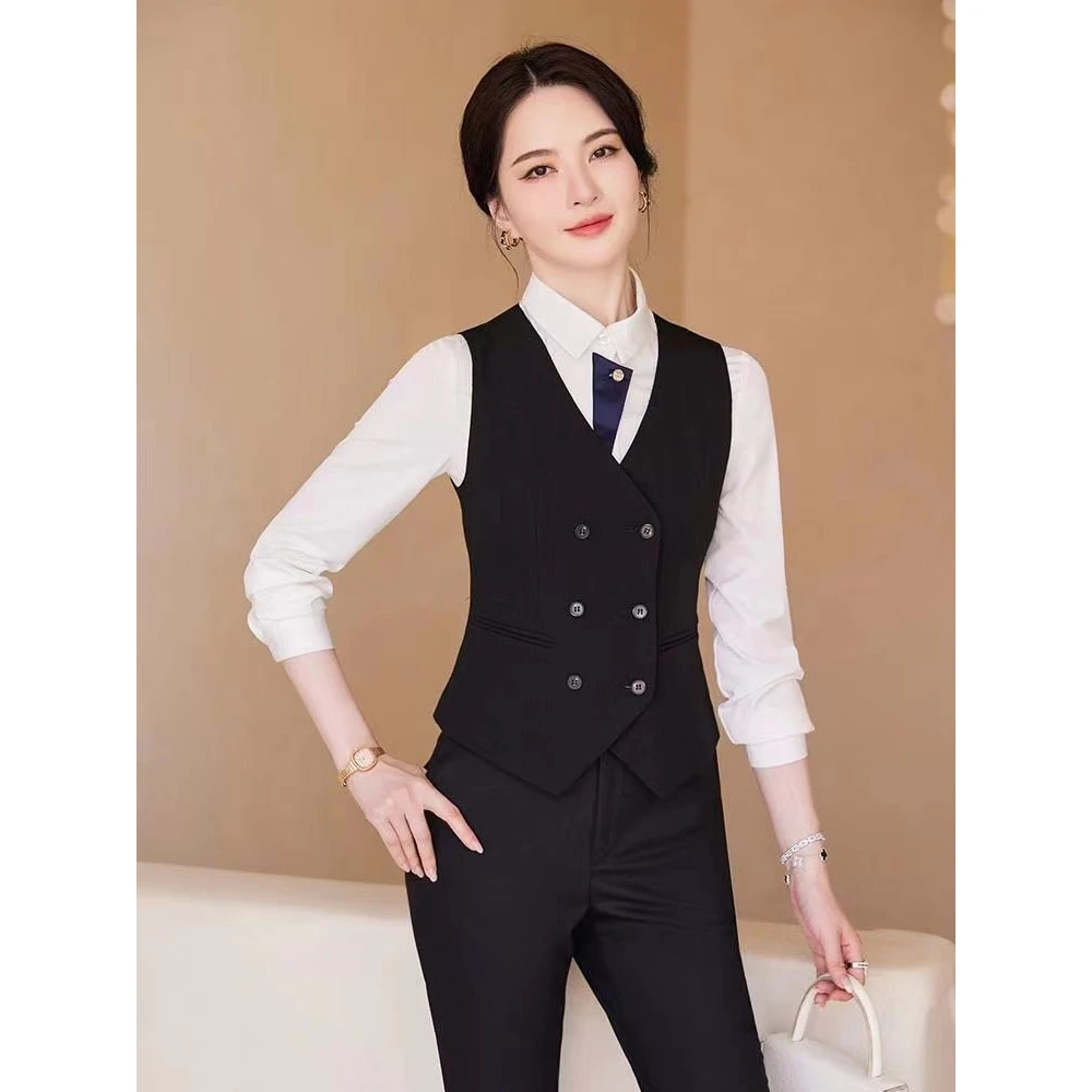 职业装气质女神范高端双排扣春秋马甲坎肩工装前台接待工作服套装
