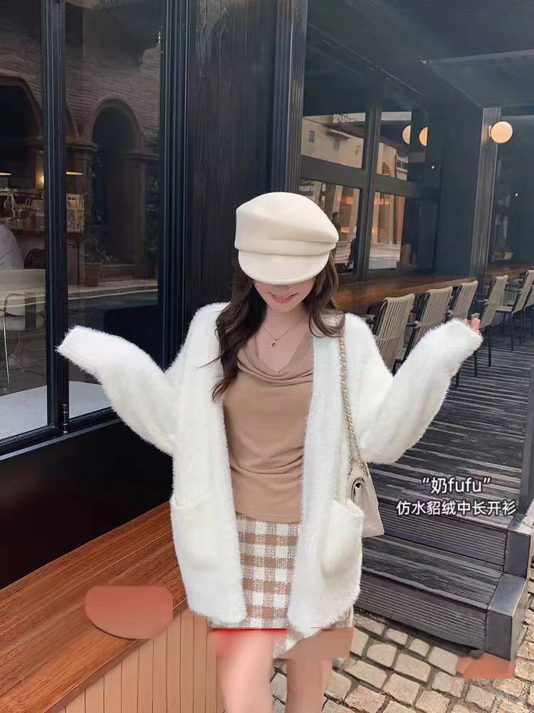 【K34】温柔奶fufu软糯宽松针织开衫毛衣毛毛外套女秋冬仿水貂绒