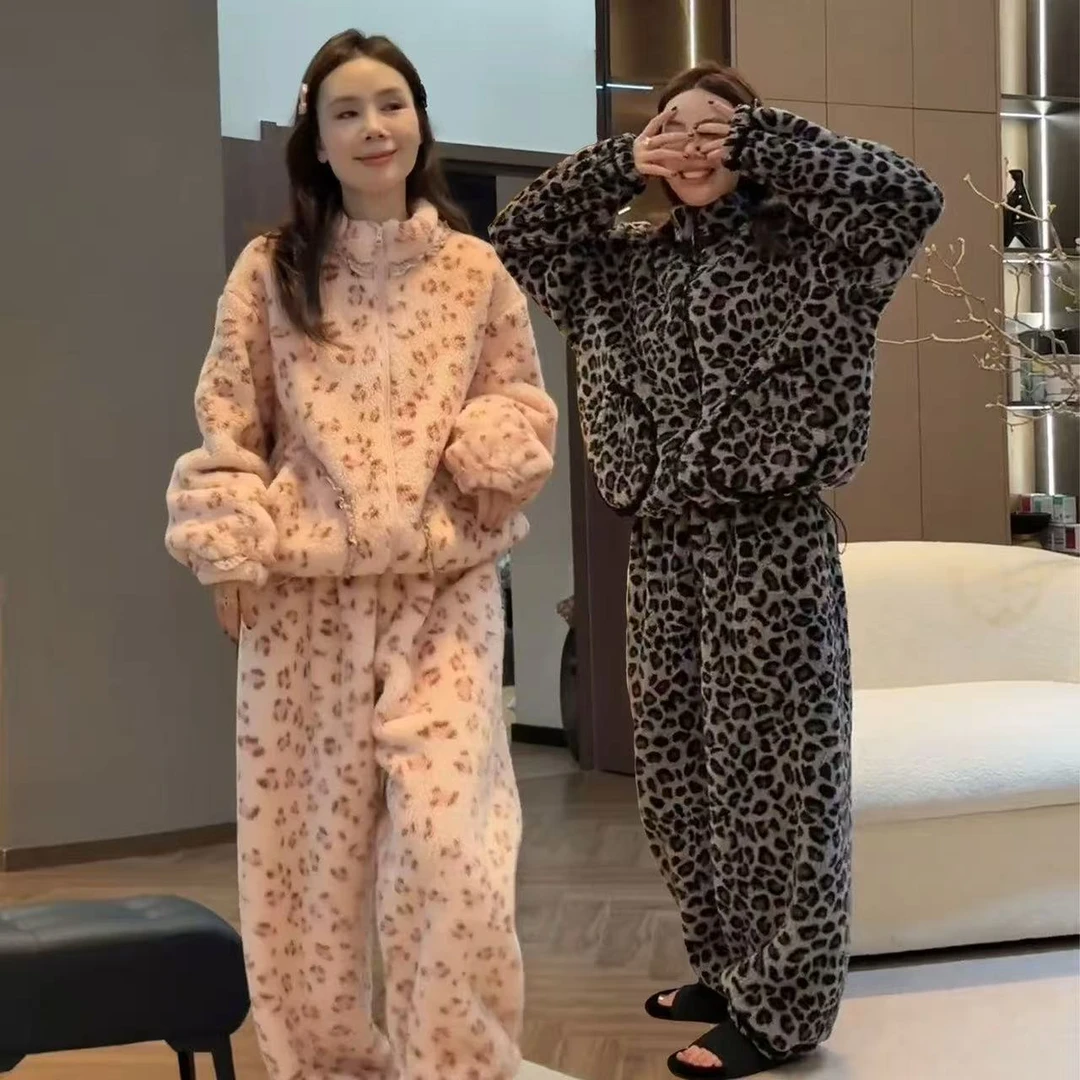 粉色豹纹立领加厚保暖高克重家居服套装