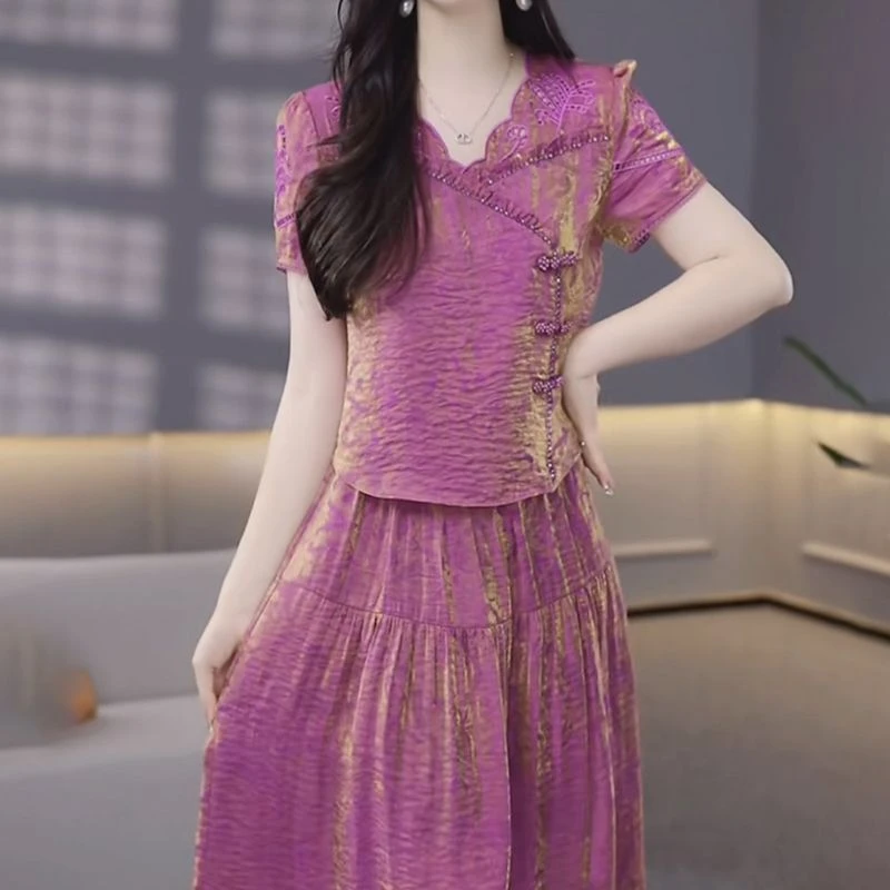 洋气减龄花萝缎时尚收腰显瘦裙子2025显瘦短袖连衣裙夏季新款遮肉