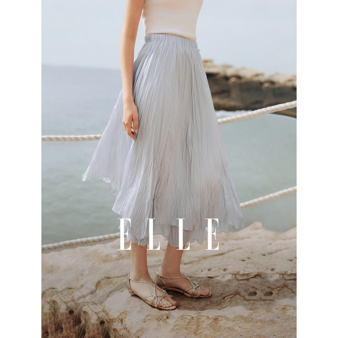 ELLE设计感不规则半身裙2025夏季新款炸街裙子褶皱感A字裙ER50629