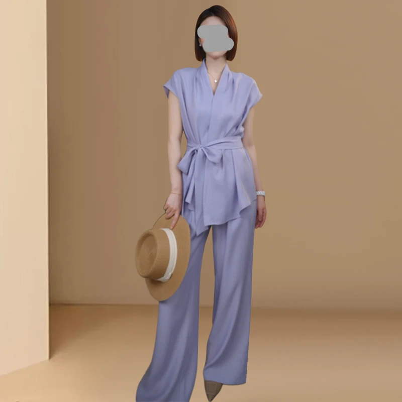 时尚套装女法式气质系带收腰白色衬衫夏季高腰阔腿休闲裤两件套