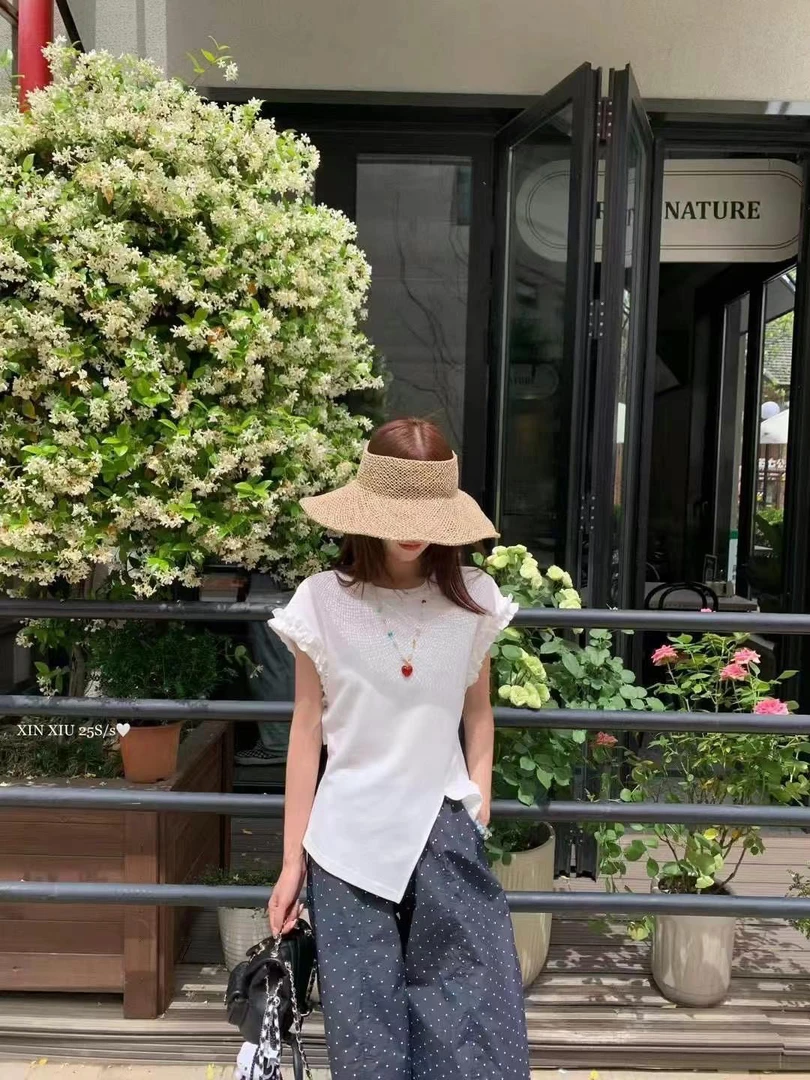 2025夏季新款设计感木耳边露腰系带圆领短袖T恤