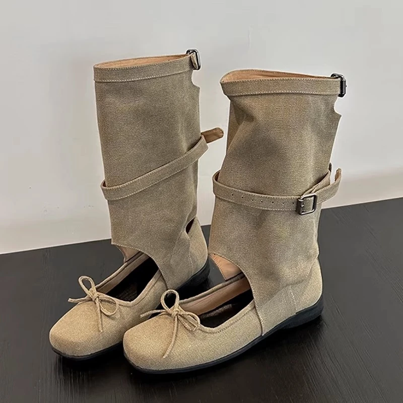 羊皮版！夏天靴子女芭蕾风蝴蝶结方头镂空中筒堆堆靴粗跟时装凉靴