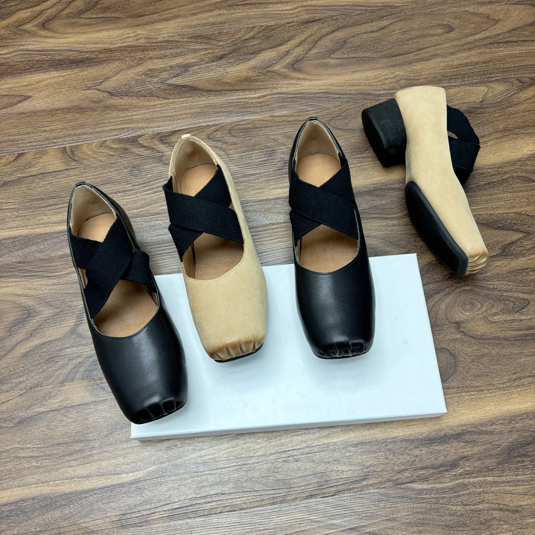 外贸真皮方头粗跟猪鼻子单鞋女舒适复古交叉带玛丽珍鞋芭蕾鞋春秋