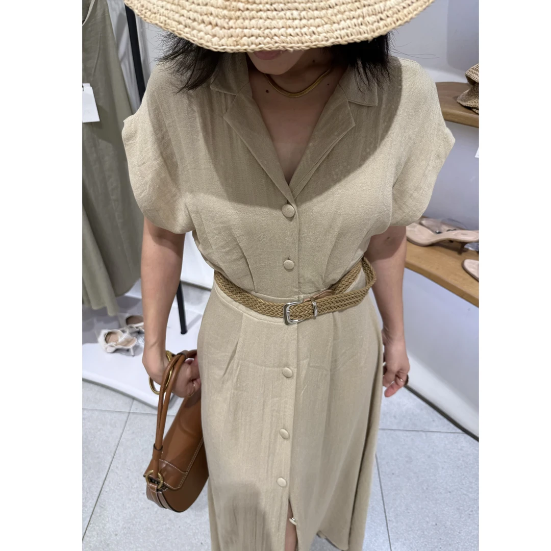 【亚麻西装领连衣裙】老钱风轻奢气质松紧腰连衣裙配皮带