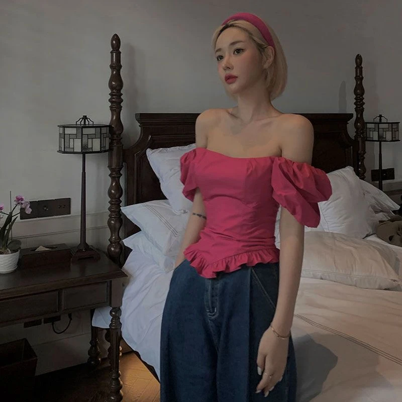 怦然心动玫粉佳人抹胸束腰衬衫女2025夏季新款短袖一字肩上衣