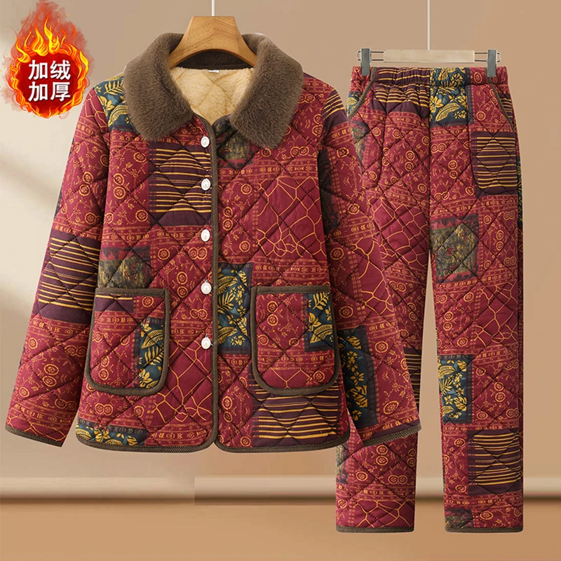 妈妈冬装加绒加厚棉衣棉裤套装2025新款中老年女装居家保两件套