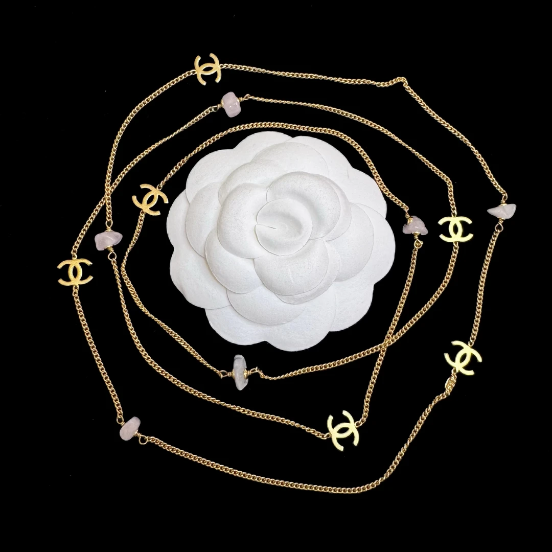 95新 Chanel/香奈儿 Chanel粉水晶金色小双C项链 2504095