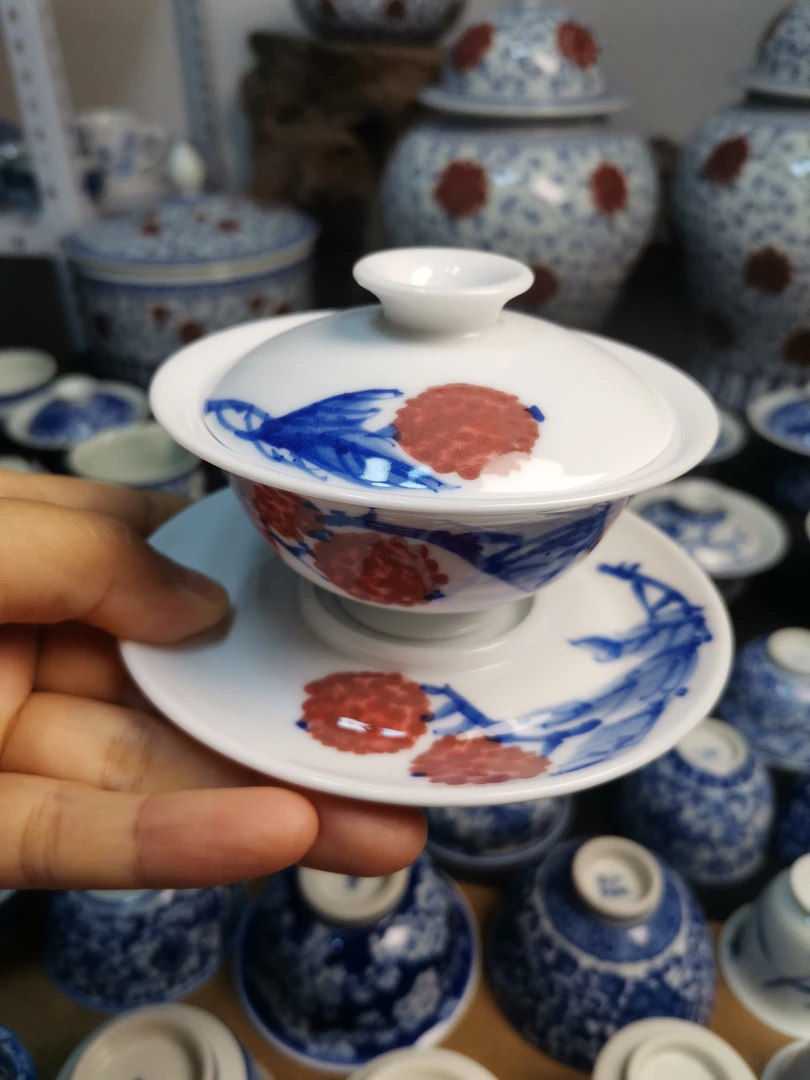 3才青花五彩盖碗高温原矿釉下气窑