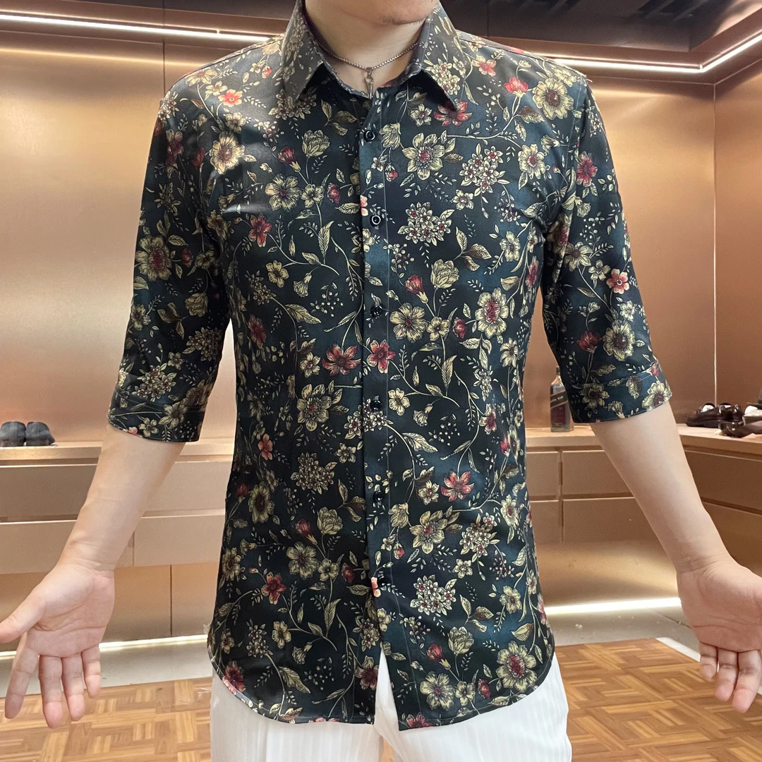 25春夏新款社会精神修身长袖中袖衬衫男碎花衬衫冰丝衬衣男长袖