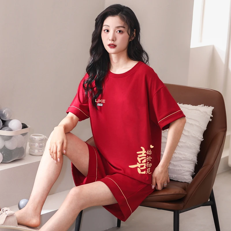 红色纯棉短袖睡衣女夏季短裤套装可外穿带胸垫防凸点家居服夏天