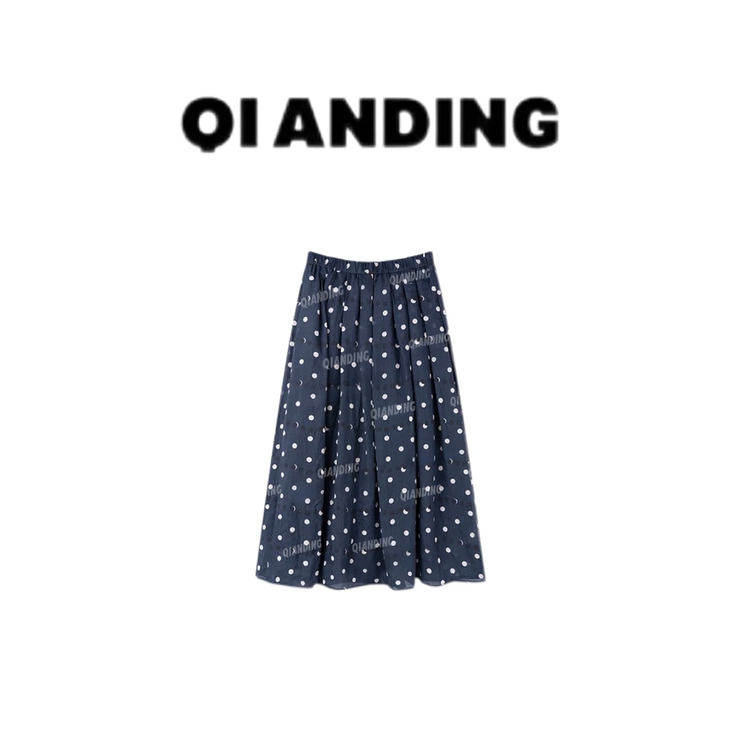 【QIANDING】【100苎麻】波点遮肉简约松紧半身裙25919