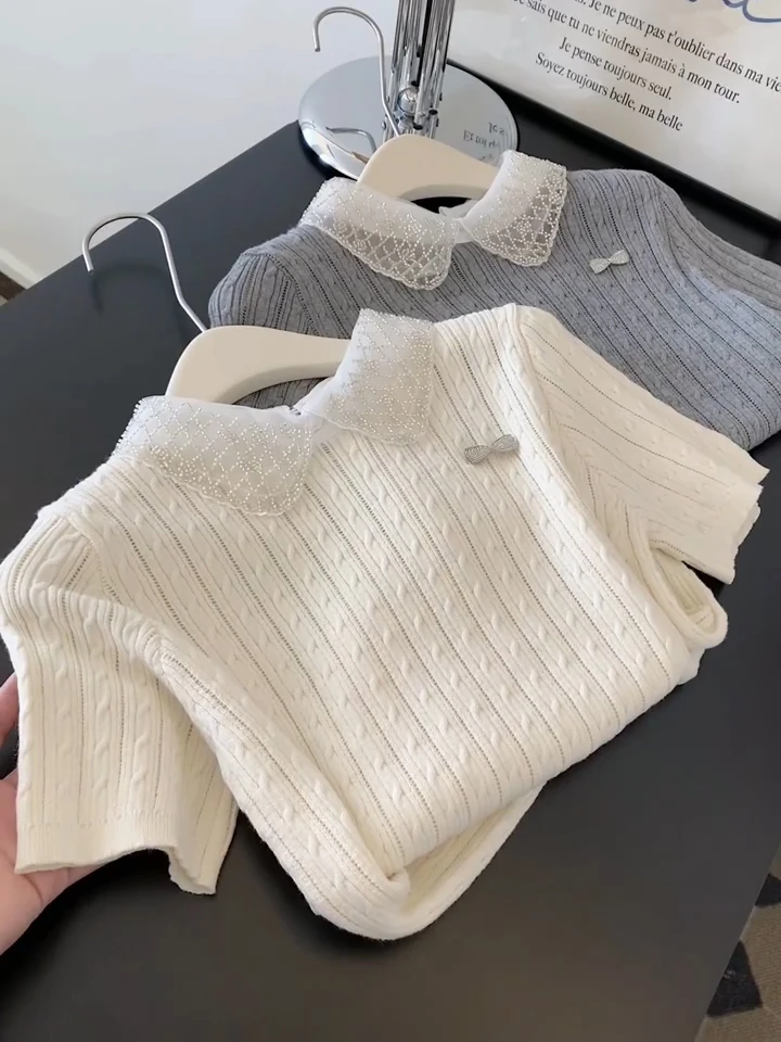 法式娃娃领针织短袖t恤女夏季新款小香风设计感小众气质宽松上衣