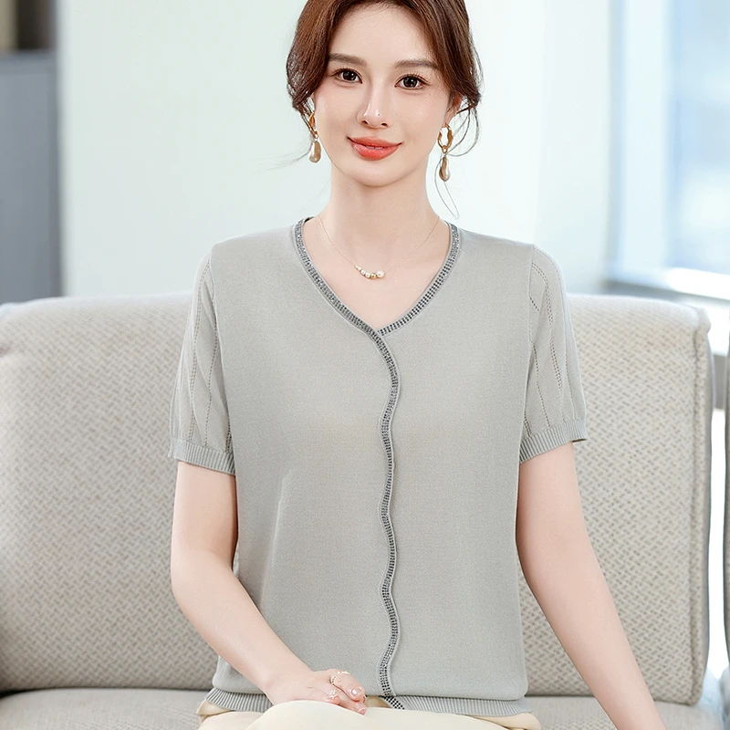 冰丝妈妈装短袖清凉透气时尚减龄夏季中老年女薄款上衣2025新款