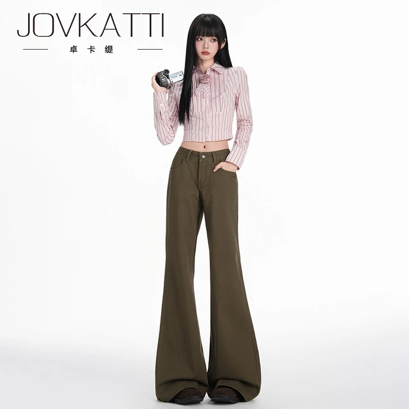 复古美式咖啡色牛仔裤女秋冬新款显瘦垂感高个子拖地喇叭裤子