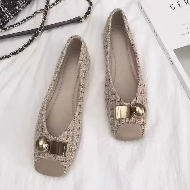 春季新款单鞋方头软底平底鞋女小香风豆豆鞋时尚温柔法式瓢鞋