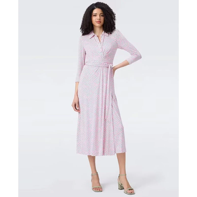 PG DVF夏季新款樱花粉网格印花衬衫式裹身裙气质优雅绑带大摆连衣