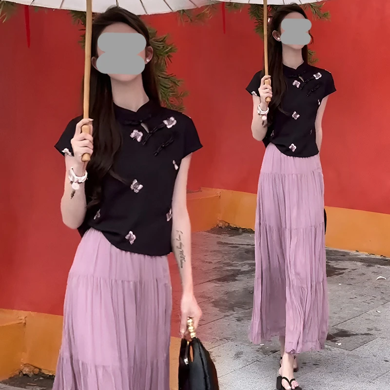夏季新款复古国风重工刺绣蝴蝶盘扣短款上衣高级感百褶半身裙套装