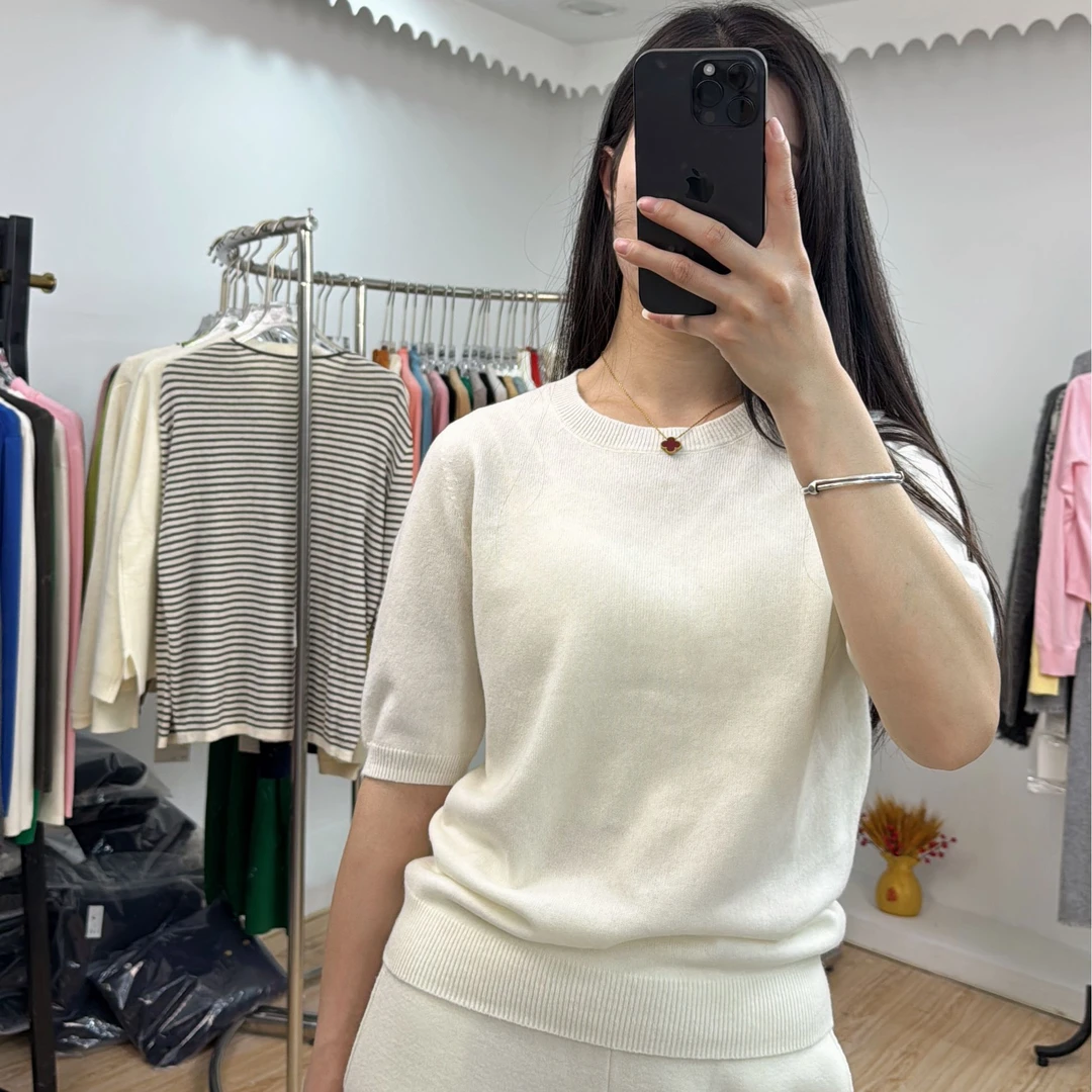 100%毛衣针织时尚休闲夏季羊绒羊毛衫圆领百搭气质白色女士半袖