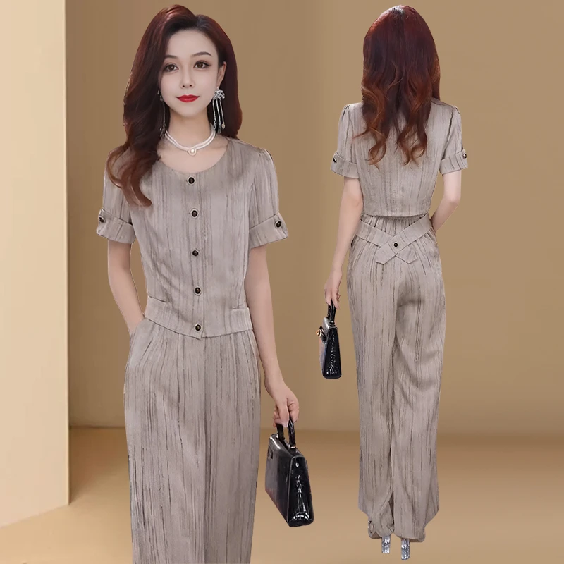 时尚套装女2025夏季新款洋气显瘦冰丝短袖阔腿裤休闲减龄两件套潮