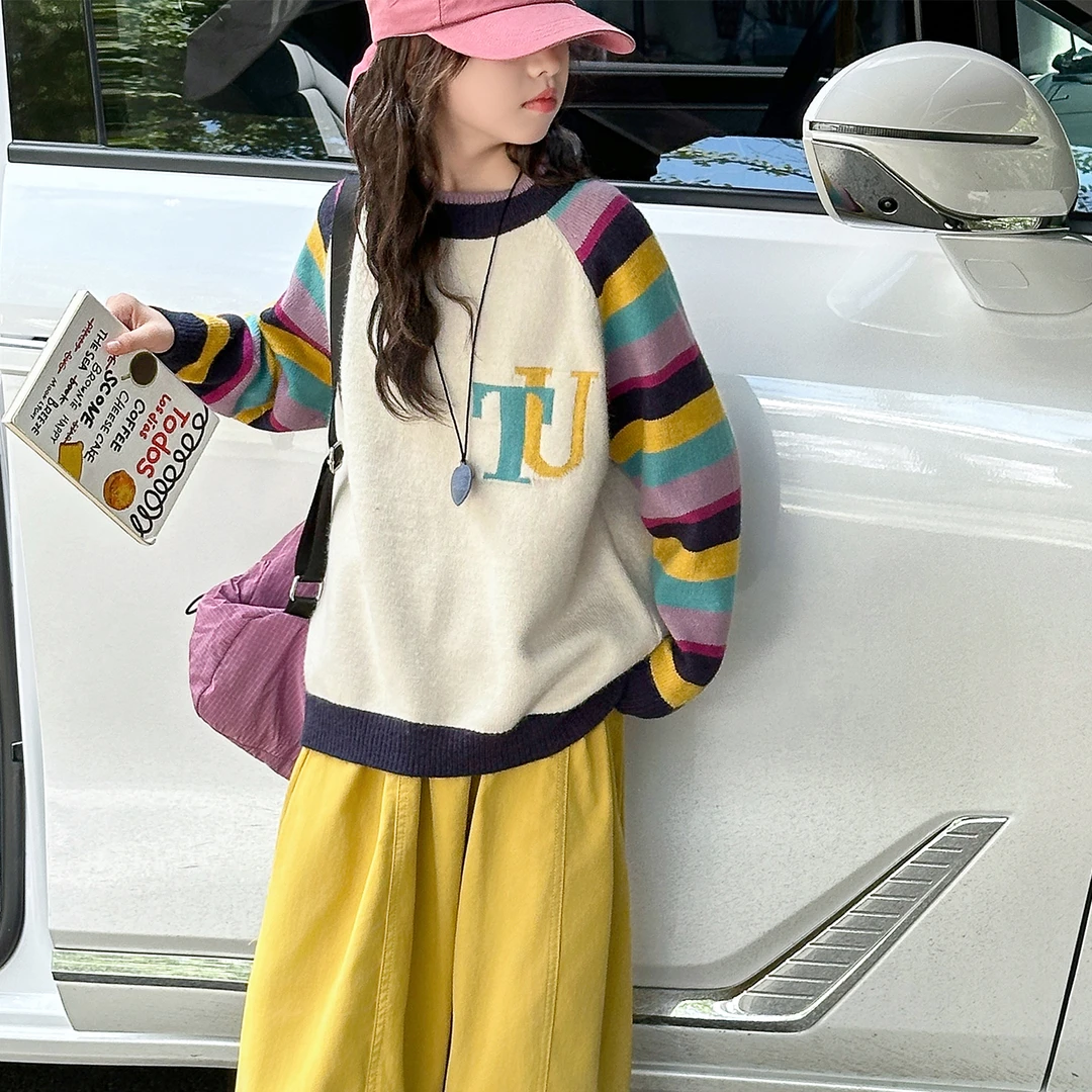 女童圆领秋冬装儿童毛衣2022新款大童针织衫加厚女孩洋气打底衫潮