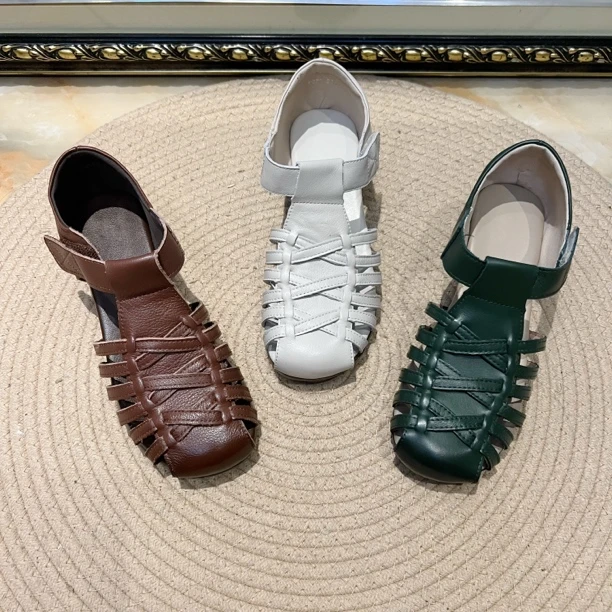 S1325877小跟极简风圆头包头牛皮罗马鞋女时装凉鞋低帮中跟皮凉鞋