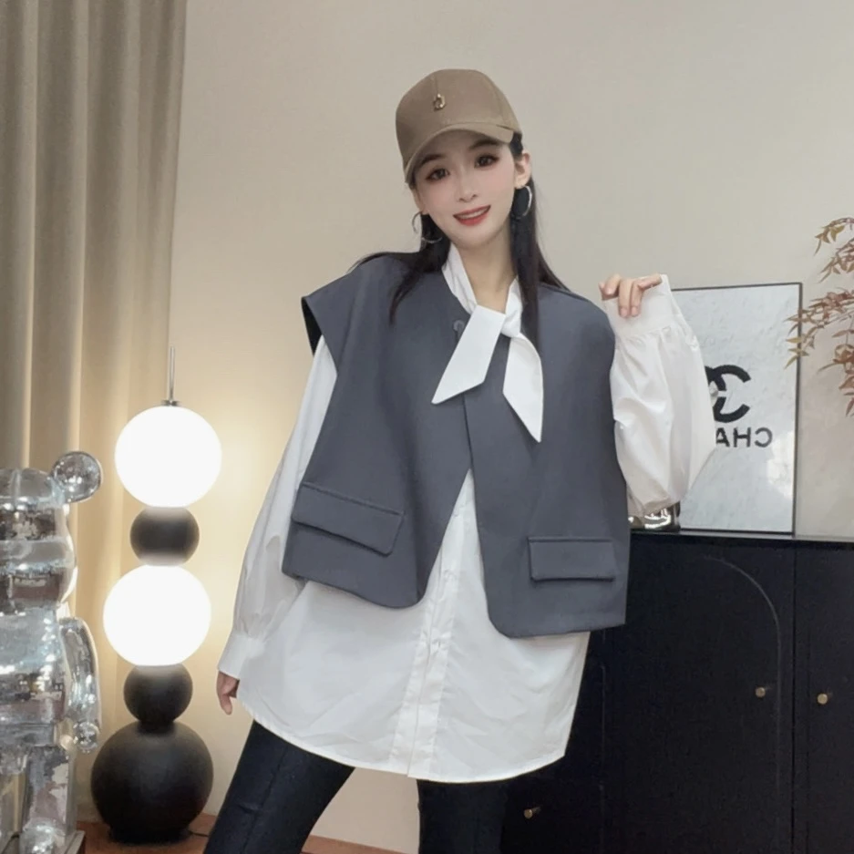《一壹》秋季新款高级洋气时尚休闲潮流假两件马甲衬衫