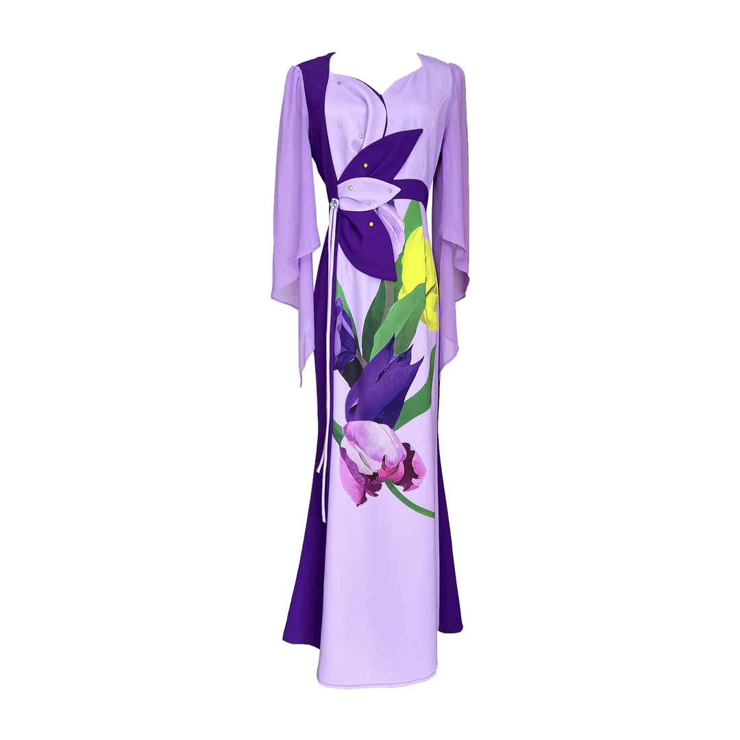 原创设计复古印花连衣裙优雅修身手工花瓣高腰拼色鱼尾长裙子礼服