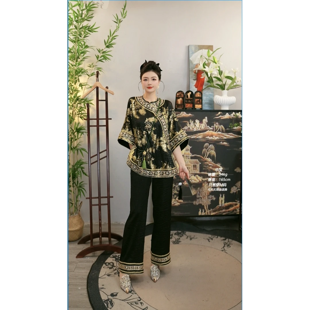 夏维莲2025夏季新款大码显瘦时尚黑色上衣和长短裤(2810+2820)