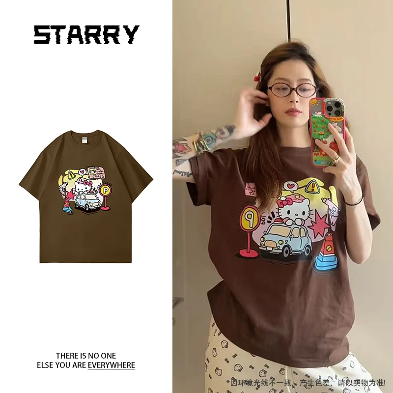 【240g 纯棉】2025夏季港风大落肩T恤男女同款开车KT猫印花