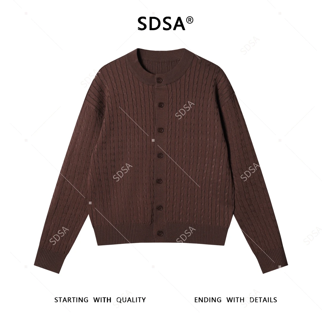SDSA男士秋冬新款痞帅男装极简风短款纽花圆领针织衫百搭开衫毛衣