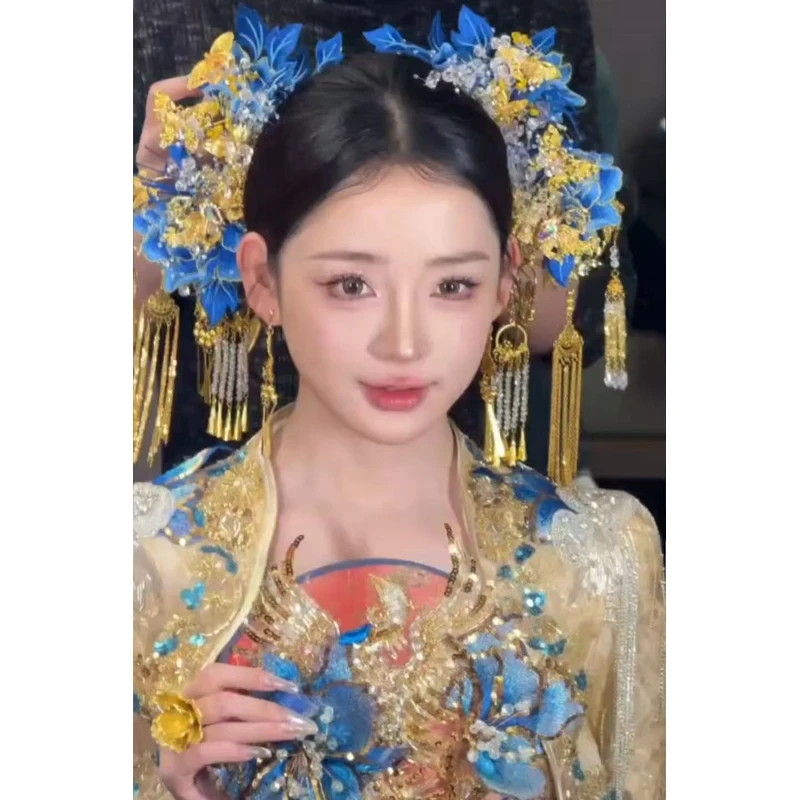 蓝色布花古装头饰新娘饰品