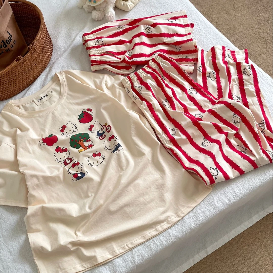 【红条纹套头Kitty三件套】短袖长裤新款潮牌可外微纯棉质居家服装