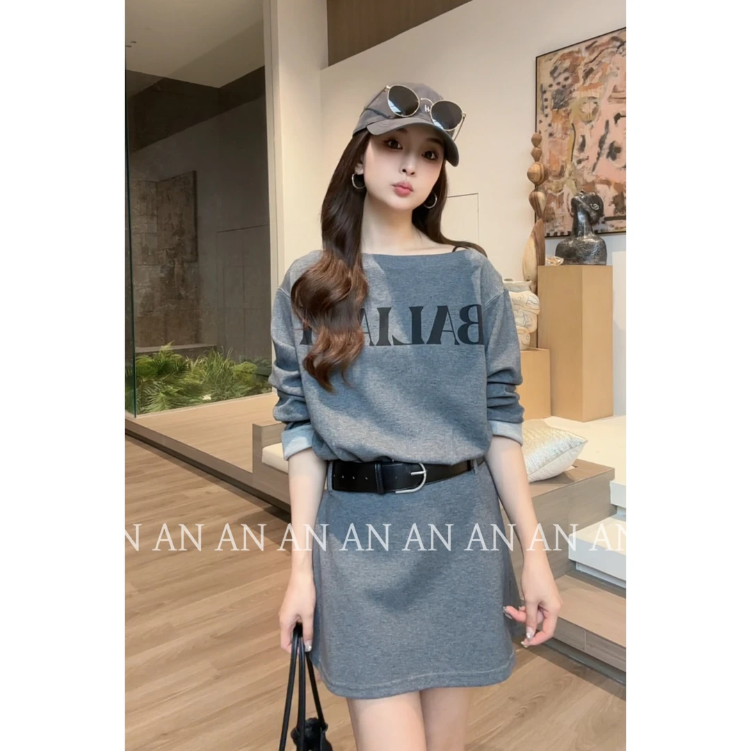 C08226韩系气质休闲日常通勤长袖一字肩字母T裙连衣裙