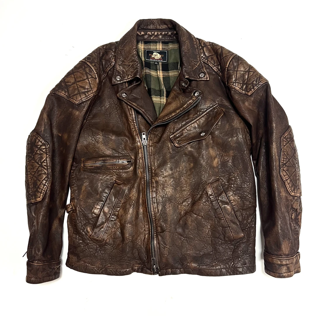 擦色羊皮机车.新款美式复古做旧纯手工擦色羊皮机车夹克