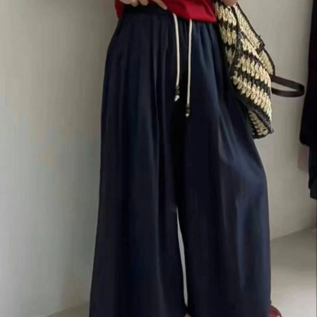 2025年夏季新款韩系松紧腰抽绳宽松休闲直筒拖地长裤女