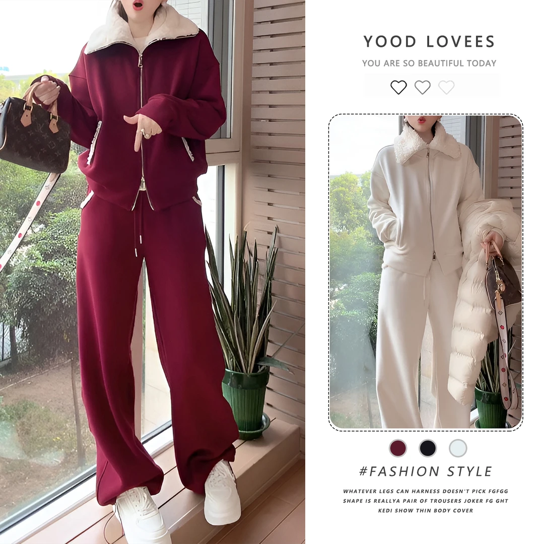 2025年秋季新年款穿搭配减龄时尚休闲红色加绒卫衣一整时尚套装女