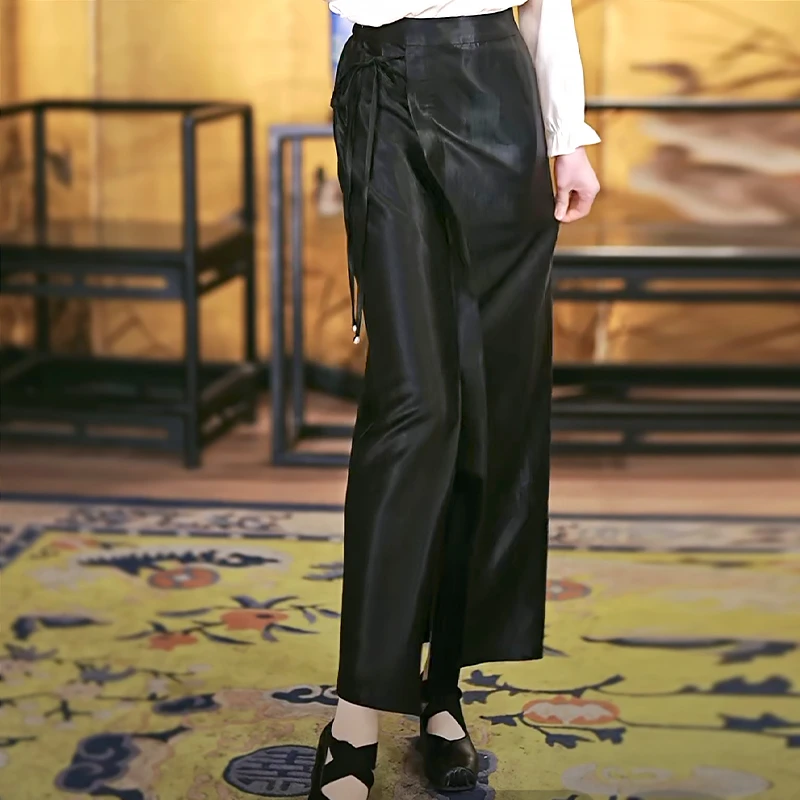 复古日记“观隐”100桑蚕丝竖条纹特种香云纱半松紧腰半裙25EQS128