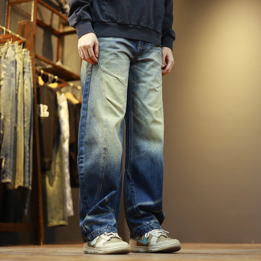 508水洗复古潮流宽松拼接休闲男士弯刀牛仔裤