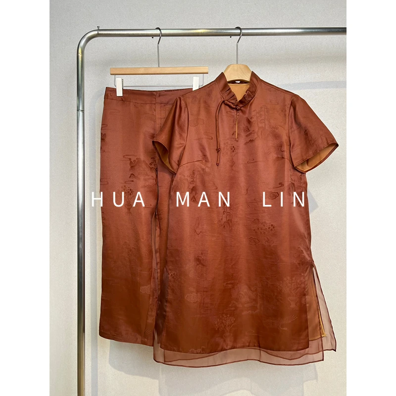 【花滿林】立领中长款上衣+后松紧腰直筒裤香云纱桑蚕丝套装25430