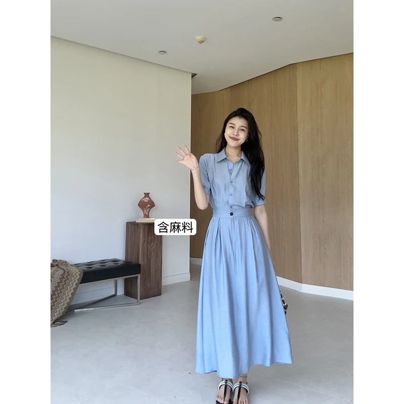 张阿星蓝岛梦境韩系翻领温柔显白气质收腰长连衣裙 W425Q04955